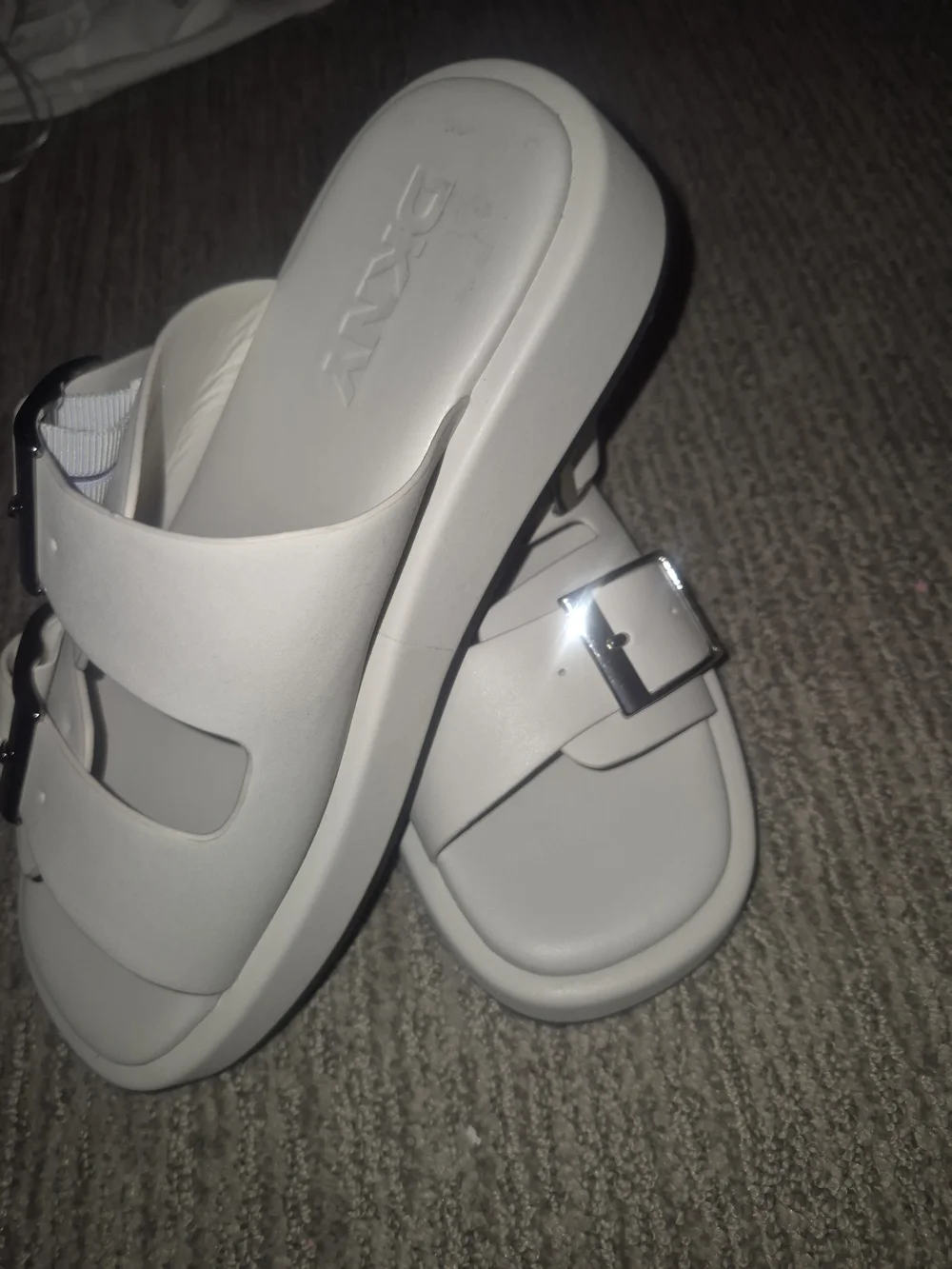 DKNY White Double-Buckle Slide Sandals with Silver Buckles